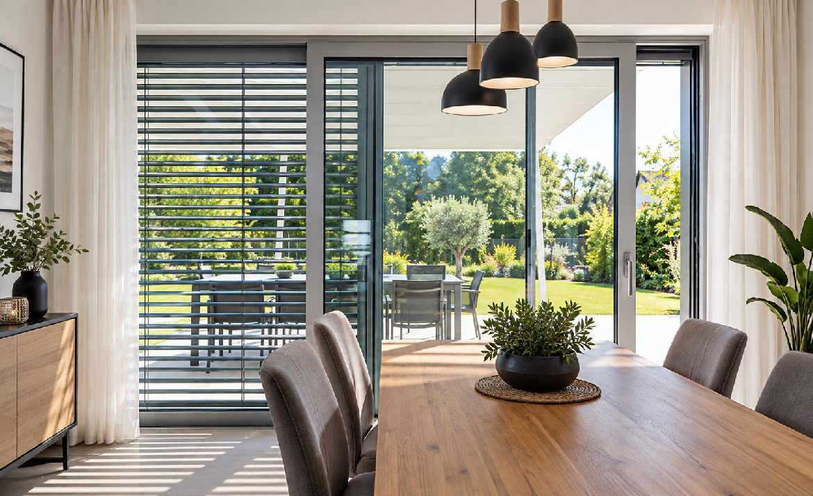 Brise-soleil orientable autoporté vu depuis l'intérieur