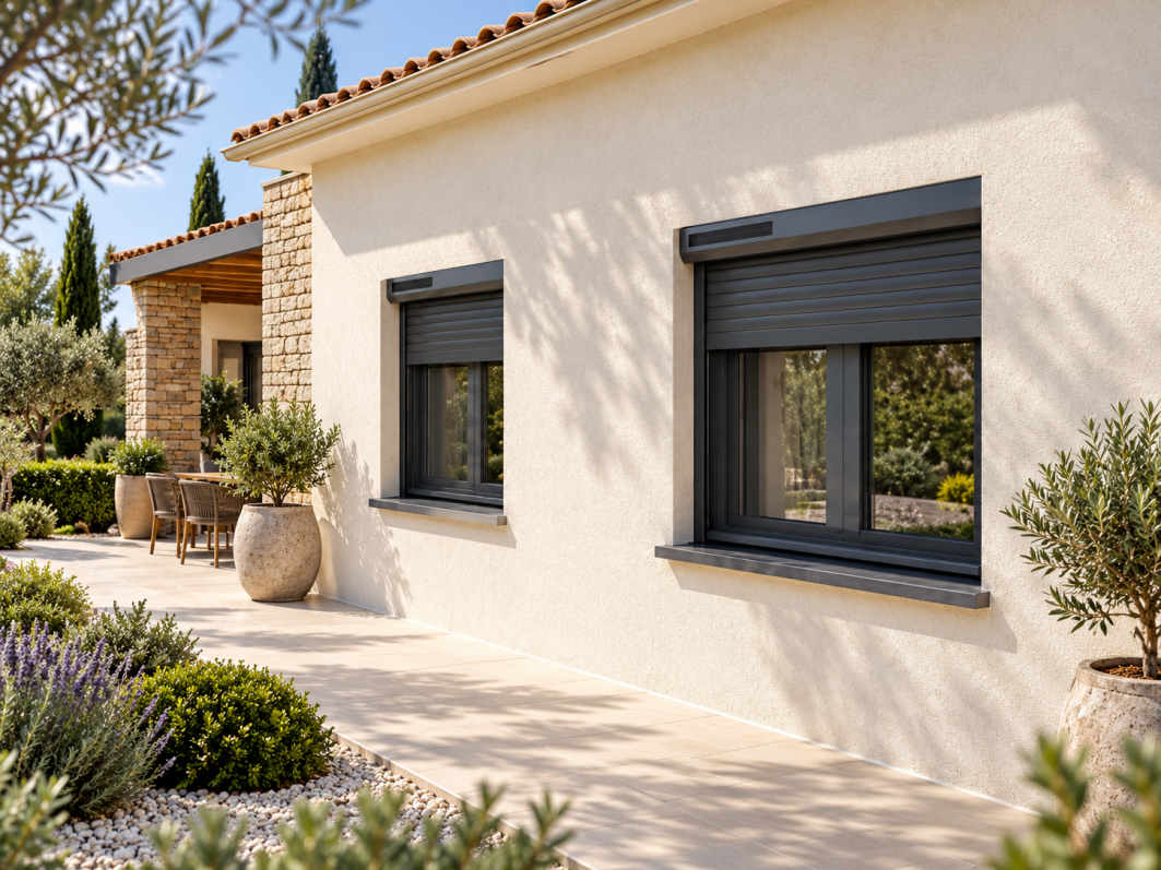 Maison équipée de volets roulants solaires anthracite